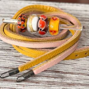 TROLLBEADS Pink & Yellow Leather Bracelet w 4 Beads Red Yellow Orange White 16.1